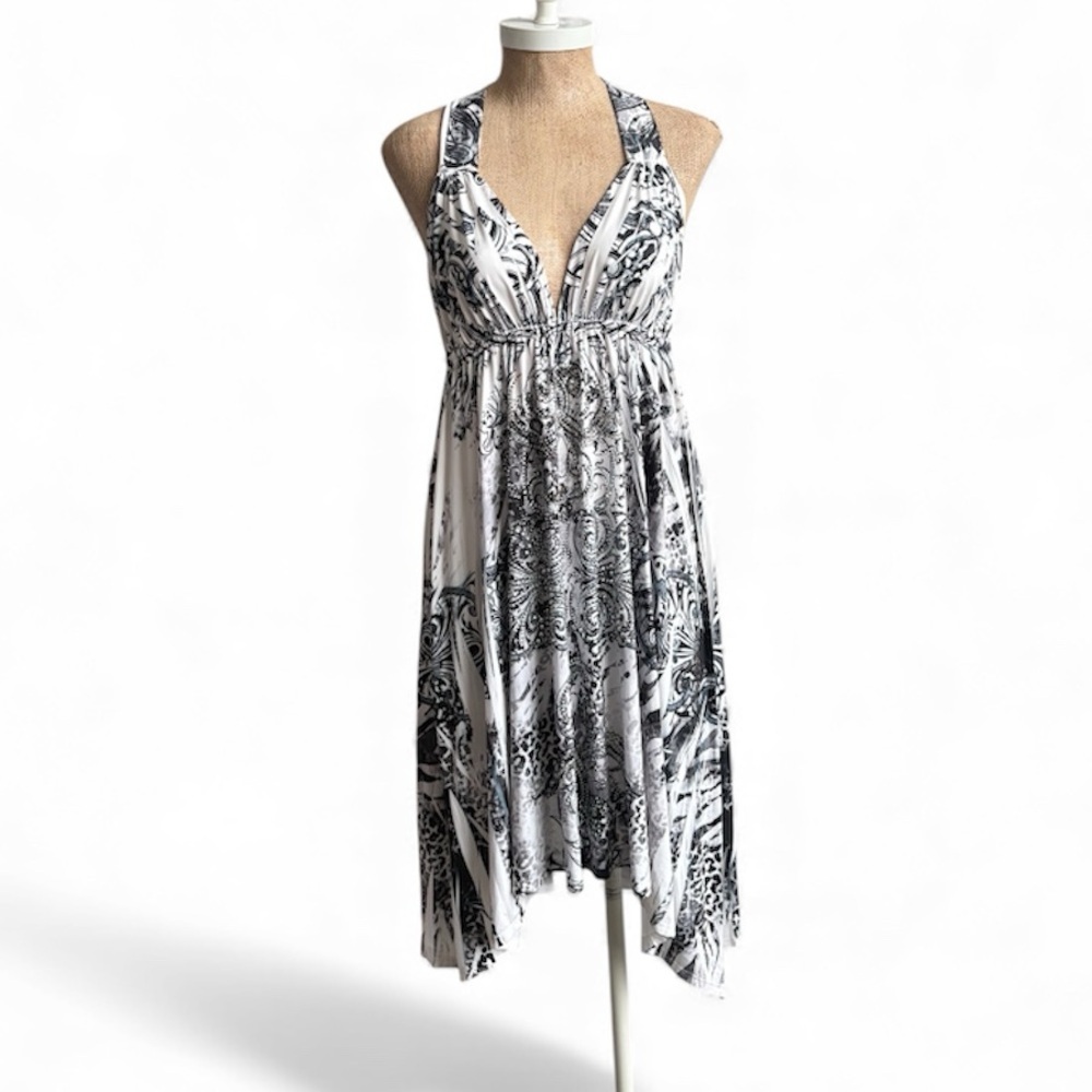 S-Twelve Black White Halter Handkerchief Dress Boho Resort Style Medium